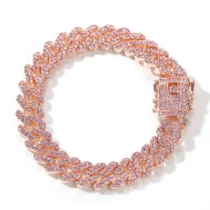 12mm Pink Cuban Chain Iced Out Rhinestone Zinc Alloy Rose Gold Plating Miami Cuban Link Chain Necklace Wholesale Jewelry
